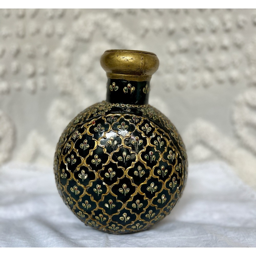 Vintage Metal Indian Hand Painted Water Jug Vessel Meenakari Design‎ 8" Tall